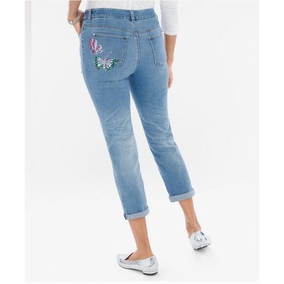 Chico's So Slimming Painted Butterfly Girlfriend Cropped Jeans Sz Small - Picture 2 of 14
